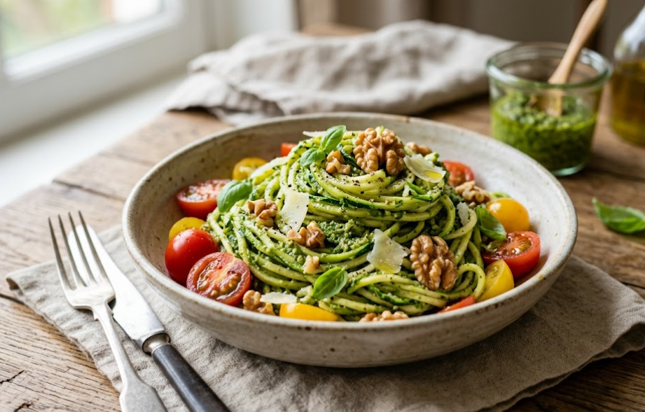 Zucchini noodles with walnut basil pesto and cherry tomatoes